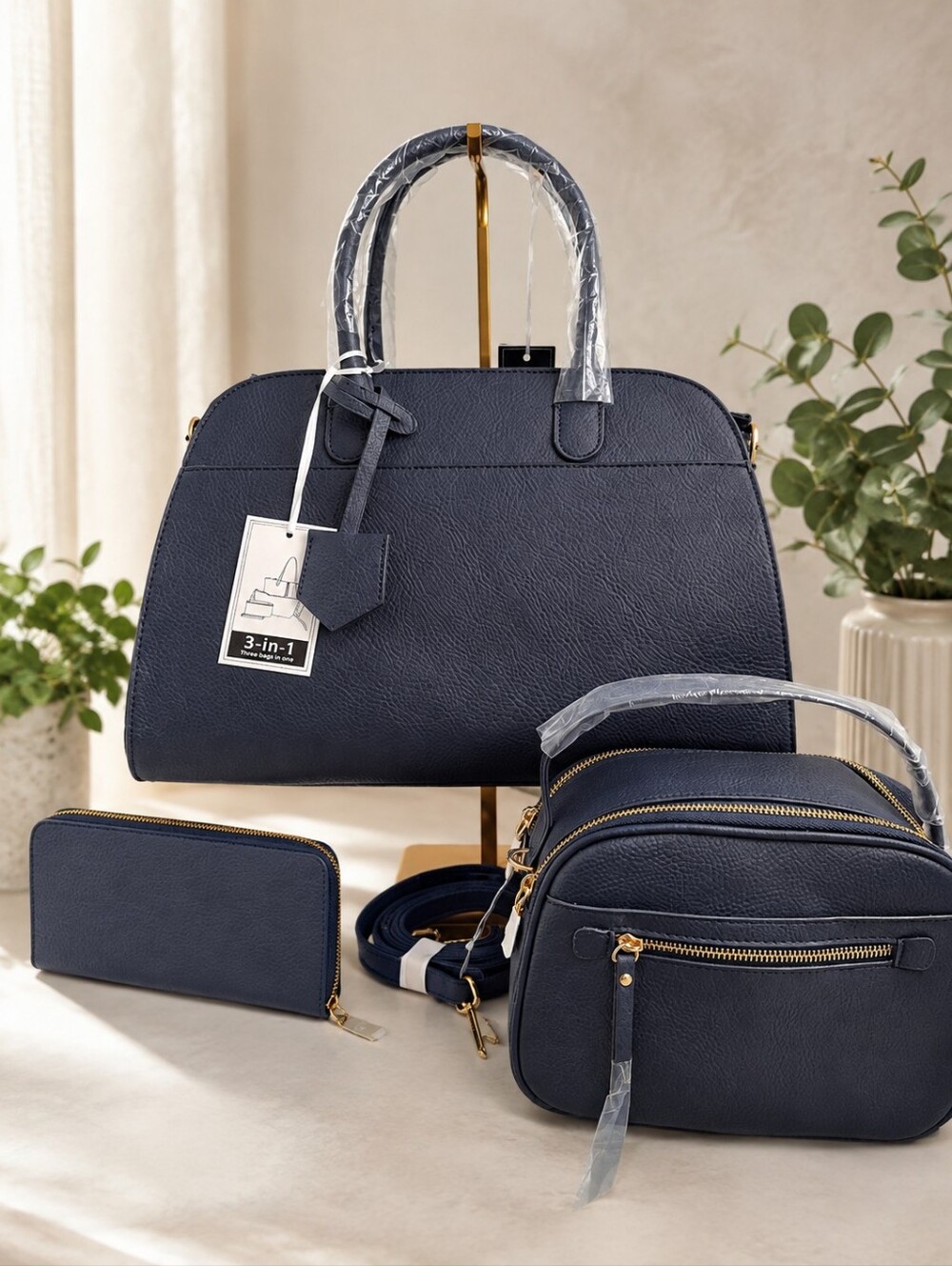 La Terre Navy 3-Piece Vegan Leather Satchel Crossbody Wallet Set NWT